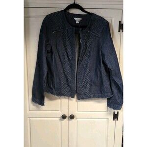 NWT CHRISTOPHER BANKS Women's L- Blue Denim Jacket Open Front Frayed Edge Blazer